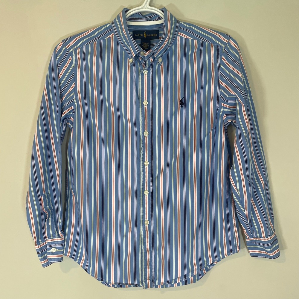 Ralph Lauren Boys Blue Striped Button Down Dress Shirt Size M 10-12 Ling Sleeve